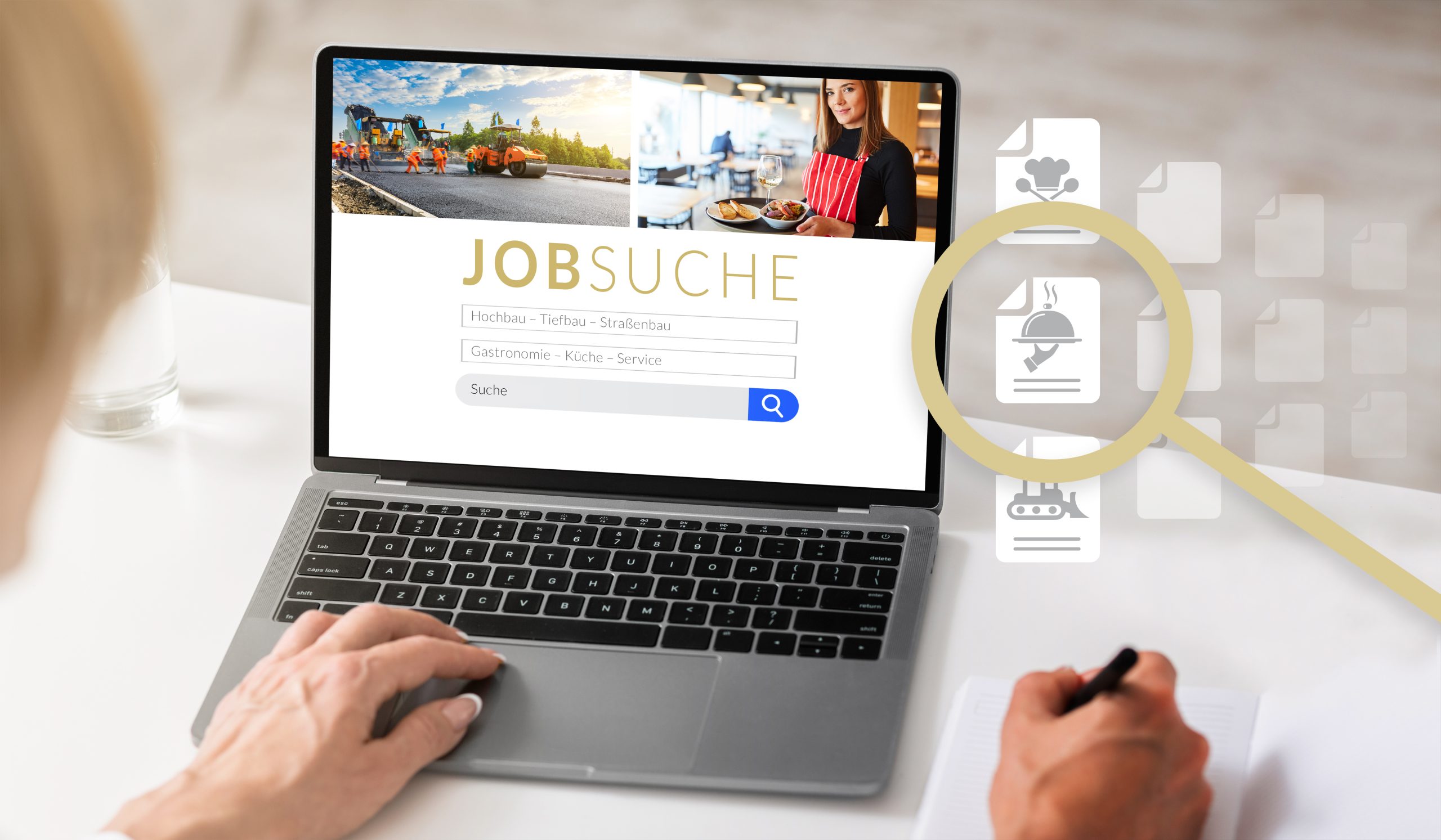 Rückenansicht über die Schulter einer Frau, die einen Laptop mit einer Website mit Stellenangeboten auf einem Monitor benutzt und schreibt.